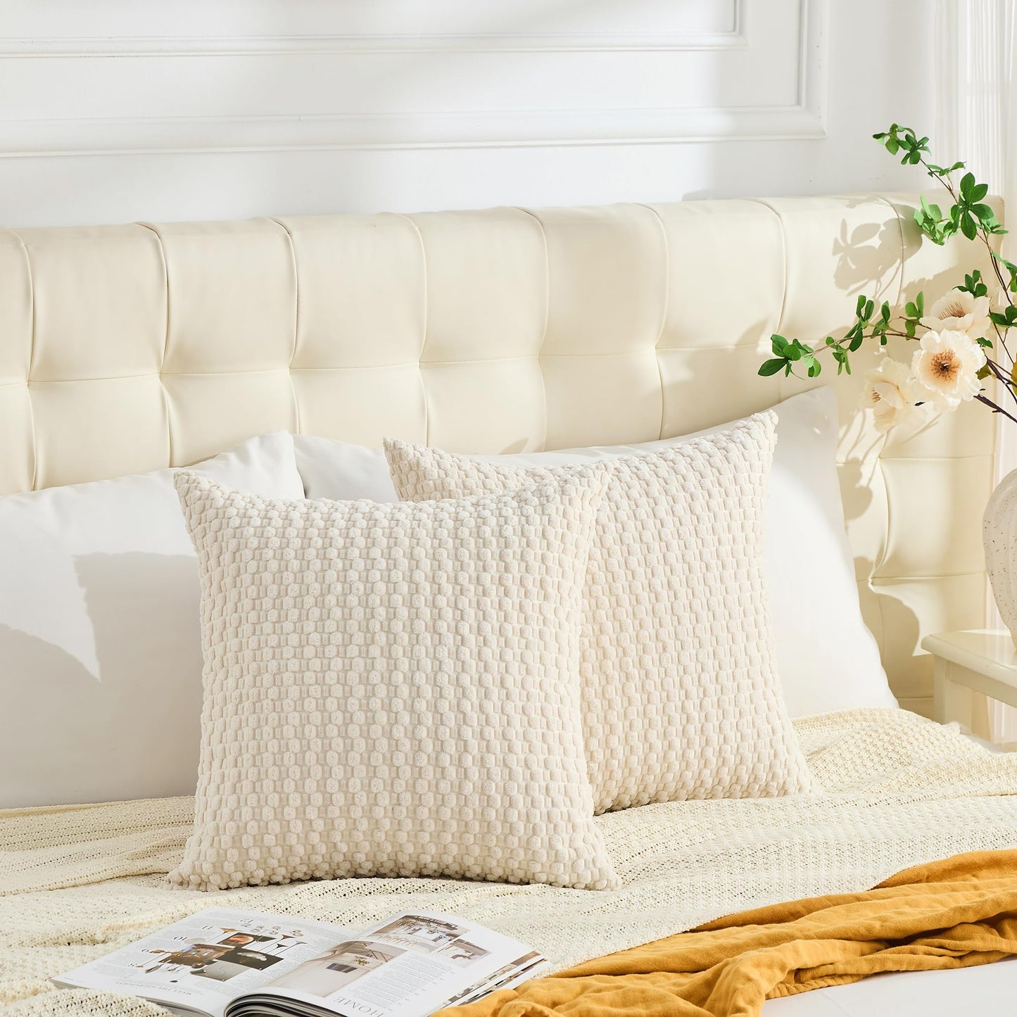 GAWAMAY Decorative Throw Pillow Covers 24x24 Inch Set of 2 for Living Room Couch Bed Sofa, Farmhouse Square Cushion Cover Soft Striped Corduroy Pillow Cases Boho Home Decor (60x60cm) Cream White