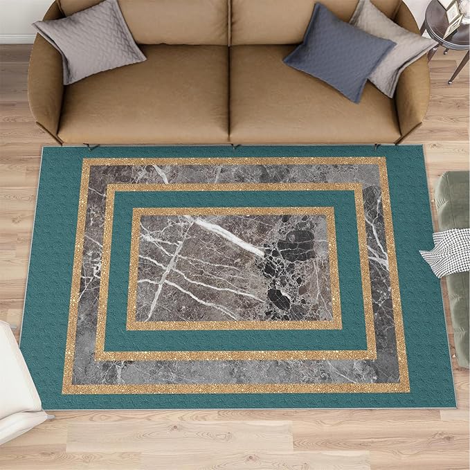 Emerald Green Marble Rug Luxury Teal Marble Area Rug Gilded Geometric Carpet Vintage Stone Crack Carpet for Bedroom Bedside Living Room 3x5ft