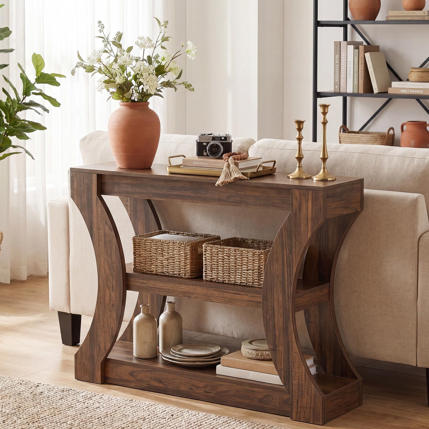 Console Table with Storage Shelves, 41.3" Wood Grain Narrow Entryway Table