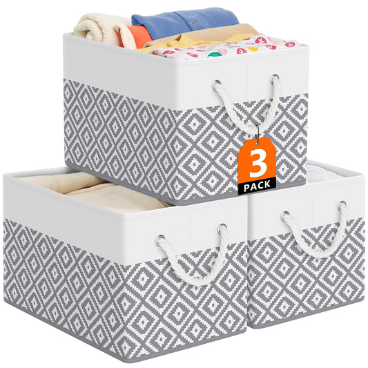 StorageTastic Storage Bins, 3-Pack Large Storage Box with Rope Handles, Collapsible Storage Basket for Organizing Books, Clothes, Rhombic Grey