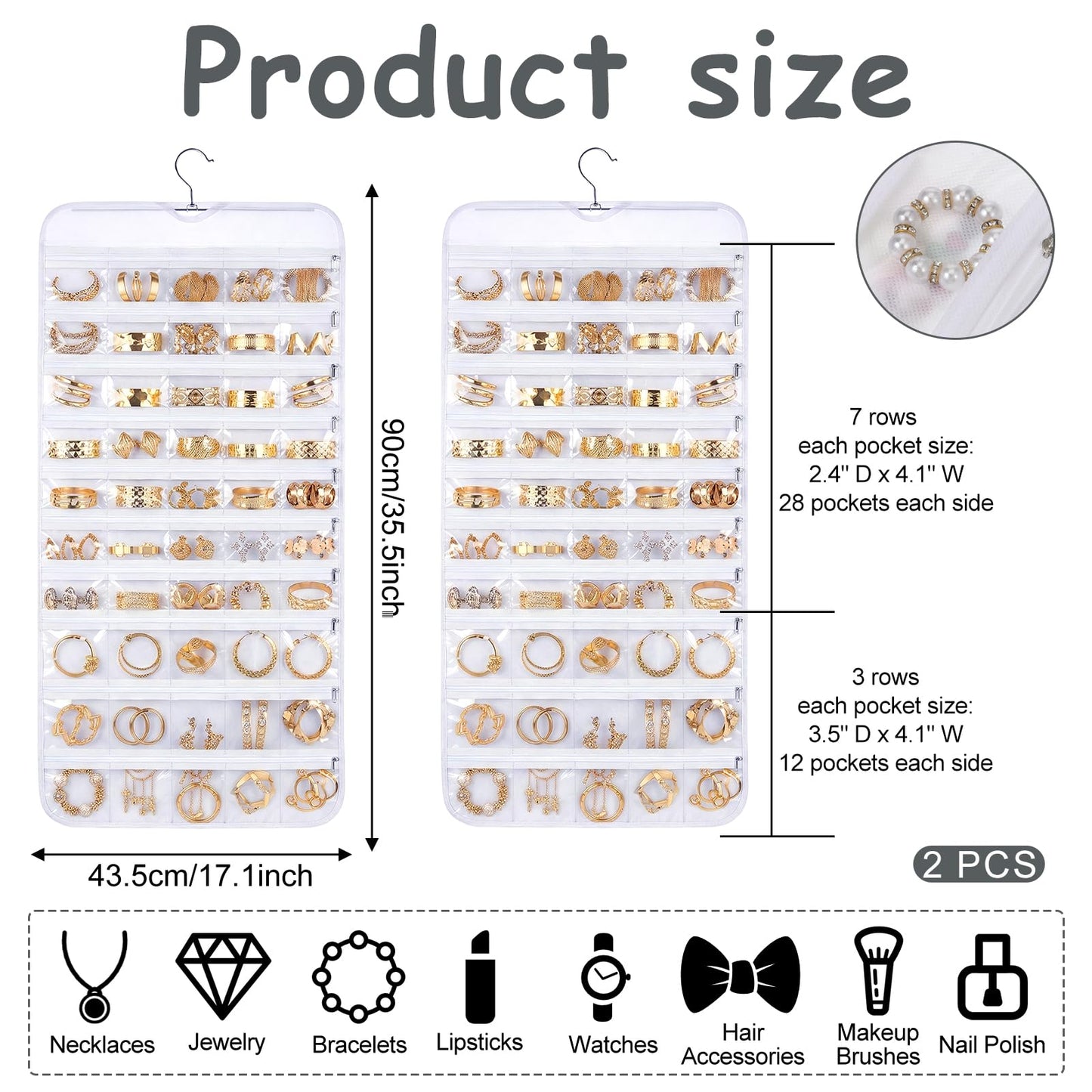 Xosjska 2 Pack Hanging Jewelry Organizer 80 Zippered Pockets 80-Pocket Dual-sided Jewelry Storage for Necklace Bracelet Earring RingsTravel Holder - White