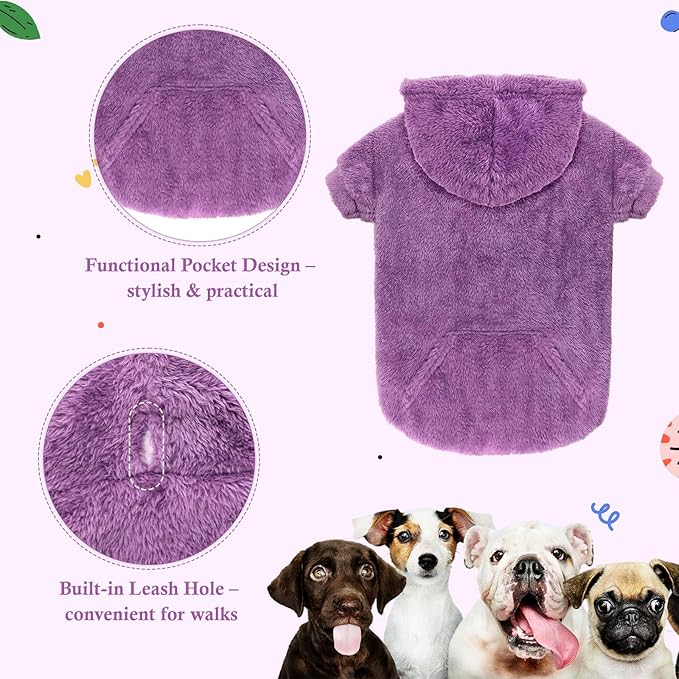 Dog Sweaters,Dog Hoodie,Warm Fuzzy Fleece Sweatshirt with Hood & Pocket,Leash Hole,Cozy Cold Weather Pet Clothes Pet Sweater for Small,Medium,and Large Dogs(Purple,M)