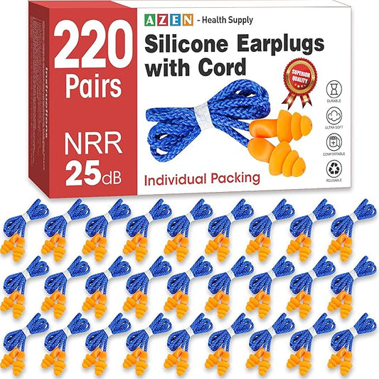 AZEN 220 Pairs Silicone Ear Plugs, Reusable Earplugs for Noise Reduction, 25dB NRR Corded Ear Plug for Sleeping Noise Cancelling, Ear Plug with String Individual Packing