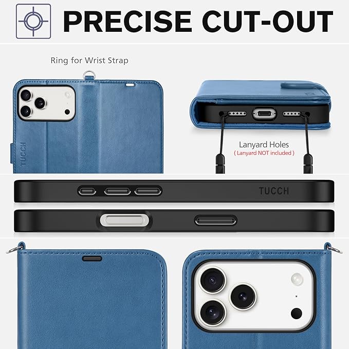 TUCCH Wallet Case for iPhone 17 Pro Max (6.9") 2025, Wrist Strap | RFID Blocking 4 Card Holders | Stand | Shockproof TPU Shell | PU Leather | Magnetic | Protective Flip Cover | Light Blue