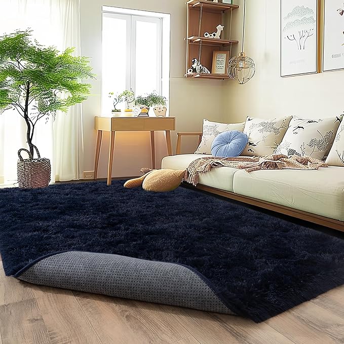 Ultra Fluffy Area Rugs for Living Room Bedroom, 6x9 Fuzzy Large Living Room Rugs, Thick Shag Rug for Dorm, Soft Non Slip Kids Girls Boys Rug for Home Decor Aesthetic, Dark Blue