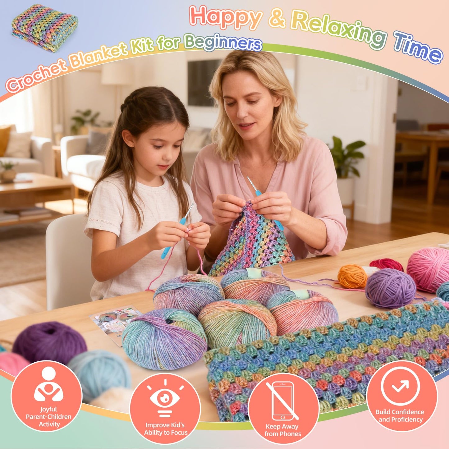 Aeelike Blanket Crochet Kit for Beginners, Super Easy Crochet Blanket Kit with Soft & Colorful Gradient Yarns Detailed Video Tutorials Crocheting Accessories, Rainbow Gradient & Ideal Gift