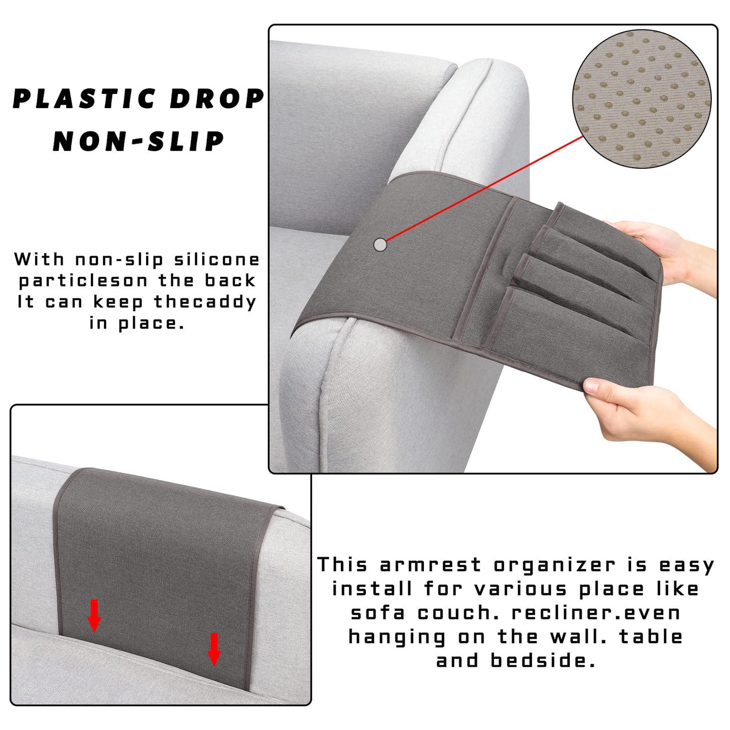NB Remote Control Holder，Bedside & Armchair & Couch Caddy with Non-Slip Base，5 Pockets Oxford Fabric Bed Desk Storage Pocket for Phone Tablet Kindle Magazines，Gifts for Seniors (Dark Grey, 35"X12.4")