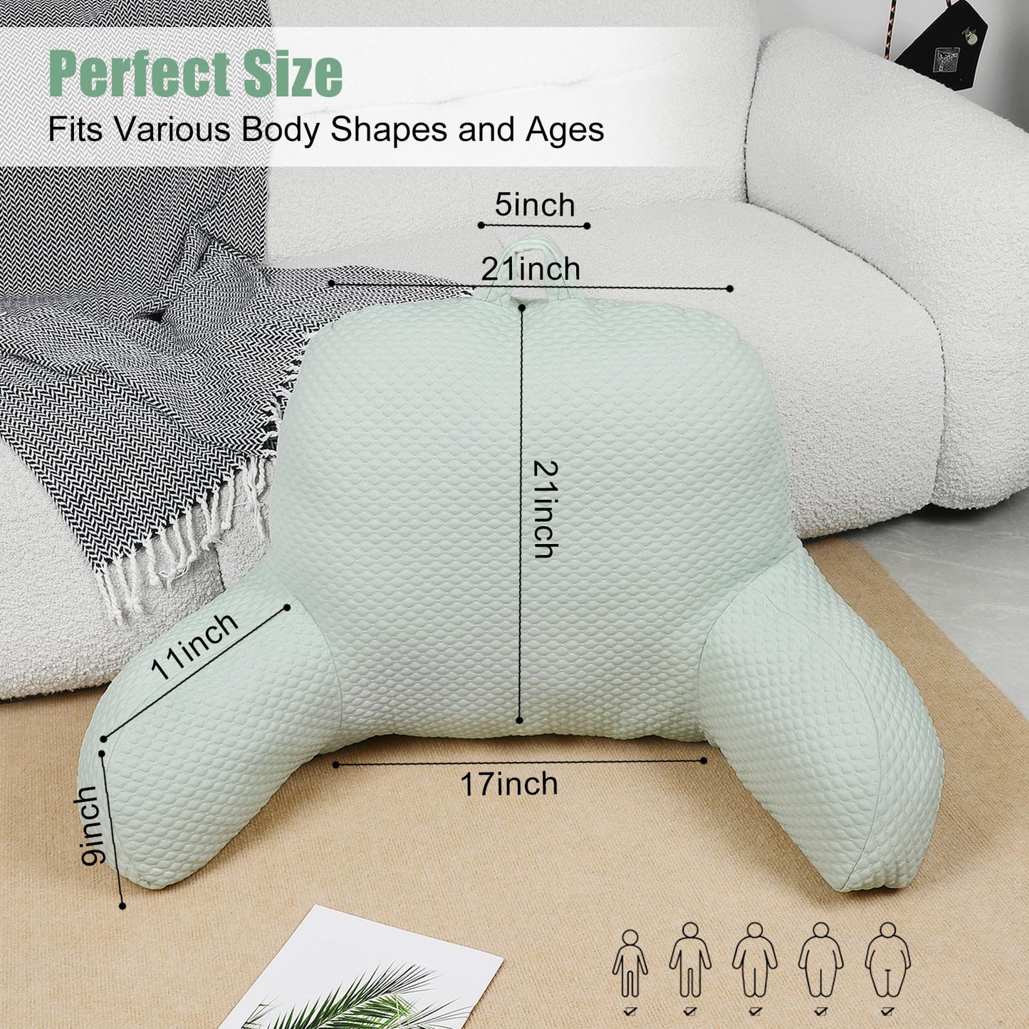 xffzroom Reading Pillow, Ice Silk Bean Back Support Pillow for Bed Sitting Up, Large Bed Rest Pillow with Arms for Adults,Back Support for Couch and Chair, Green