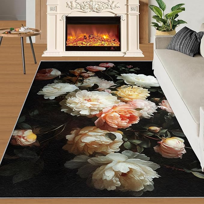 Flowers 4x6 Area Rugs for Living Room Peony Washable Rug Rustic Flowers Rug Non Slip Low Pile Soft Area Rugs for Bedroom Bedside Dining Room Kids