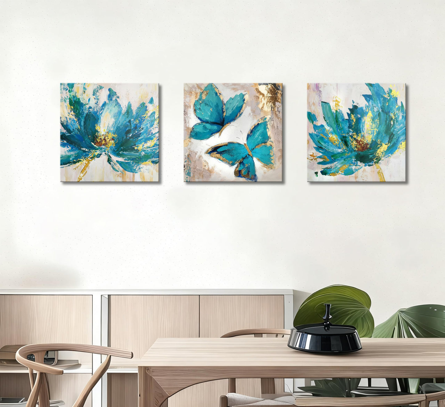 Abstract Blue and Gold Floral Canvas Wall Art Set of 3, with Gold Foil Outline, Stretched and Framed Canvas Artwork with Hanging Hooks & Nails, Modern Wall Decor for Living Room Bedroom Bathroom