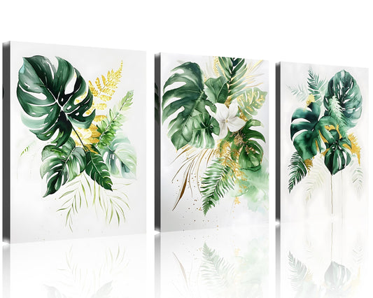 TutuBeer 3 Panels Botanical Wall Art Botanical Pictures Gold Modern Wall Decor with Green Plant Pictures Wall Art Botanical Plant Pictures Wall Art for Bedroom Bathroom Home Wall Decor 12x16 Inch