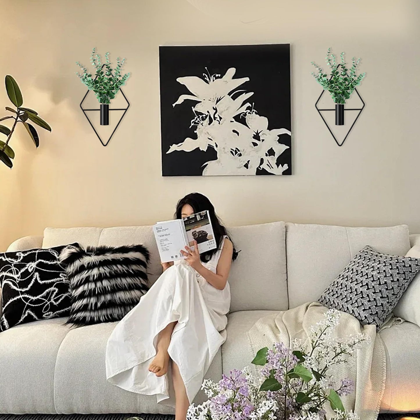 LZRHORR 2 Pack Black Wall Decor Hanging Planters with Artificial Plants Metal Hanging Vase Indoor Plants Holder Modern Boho Wall Art for Bathroom Bedroom Living Room Office (Black, Eucalyptus)