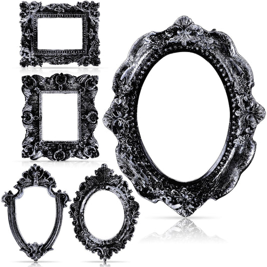 Yalikop 5 Pcs 4.9 x 4 Small Vintage Silver Gray Frames for Craft DIY Decoration, Mini Ornate Resin Photo Frames Bulk for Refrigerator Wedding Christmas Jewelry Display Photo Holiday Party Invitation