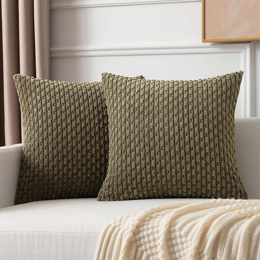 Kevin Textile Pack of 2 Corduroy Decorative Throw Pillow Covers 18x18 Inch Soft Boho Striped Pillow Covers Modern Farmhouse Home Decor for Sofa Living Room Couch Bed Olive Green
