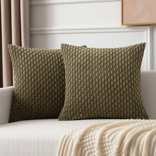 Kevin Textile Pack of 2 Corduroy Decorative Throw Pillow Covers 22x22 Inch Soft Boho Striped Pillow Covers Modern Farmhouse Home Decor for Spring Sofa Living Room Couch Bed Olive Green