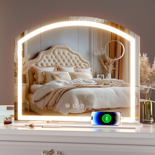 Hasipu Arch Vanity Mirror with Light, 24"x20" Arched Led Makeup Mirror with 10X Magnification, Tabletop Desk Mirrors with USB Charging Port, Dimmable 3 Colors Mode