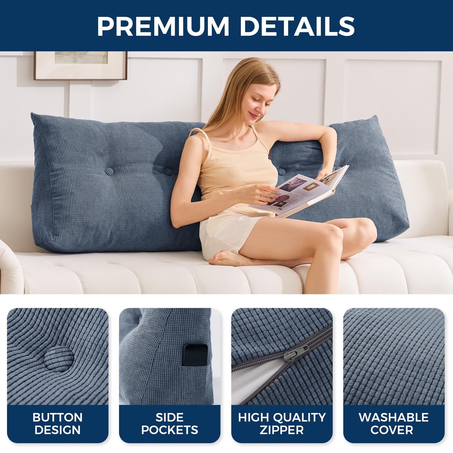 IASEAHK Headboard Pillow Twin, Triangle Pillows for Headboard, Head Board Backrest Wedge Pillow for Reading Sitting Working, Daybed Pillows with Removable Cover for Bed Dorm Sofa, Navy Blue