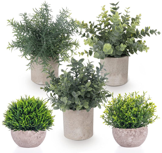 Fake Plants,5 PCS Small Artificial Greenery Eucalyptus Plant Indoor in Pots