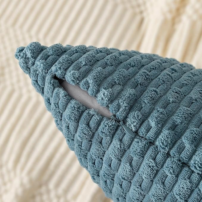 Kevin Textile Throw Pillow Covers Soft Corduroy Decorative Set of 2 Boho Striped Pillow Covers Pillowcases Farmhouse Home Decor for Couch Bed Sofa Living Room 16x16 Inch Blue Grey