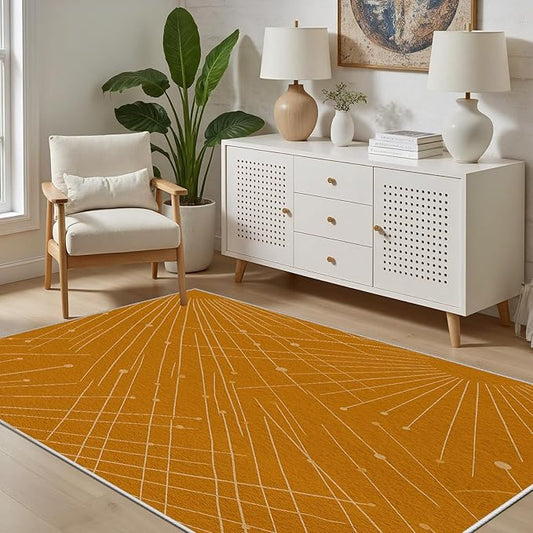 Modern Washable Area Rug 2x3, Boho Minimalist Non-Slip Rugs, Abstract Striped Soft Carpet for Living Room Bedroom Nursery Room Home Decor Office, Pet Friendly, Orange Beige