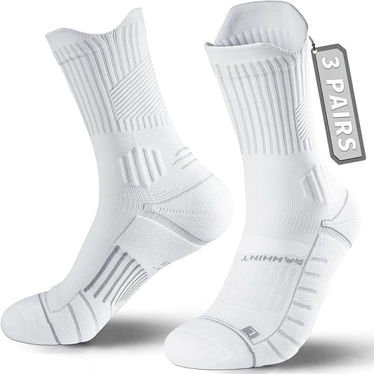 Compression Running Socks 3 Pairs, Cushion Crew Socks, Anti-Blister Moisture Wicking Athletic Hiking Basketball Socks