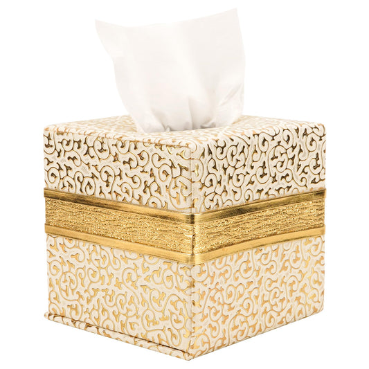 DODAMOUR Square Tissue Box Cover Holder, Decorative Faux Leather Facial Tissue Dispenser with Magnetic Bottom, Vintage Gold Damask Pattern Cube for Bathroom Vanity, Bedroom Nightstand, Office (White)