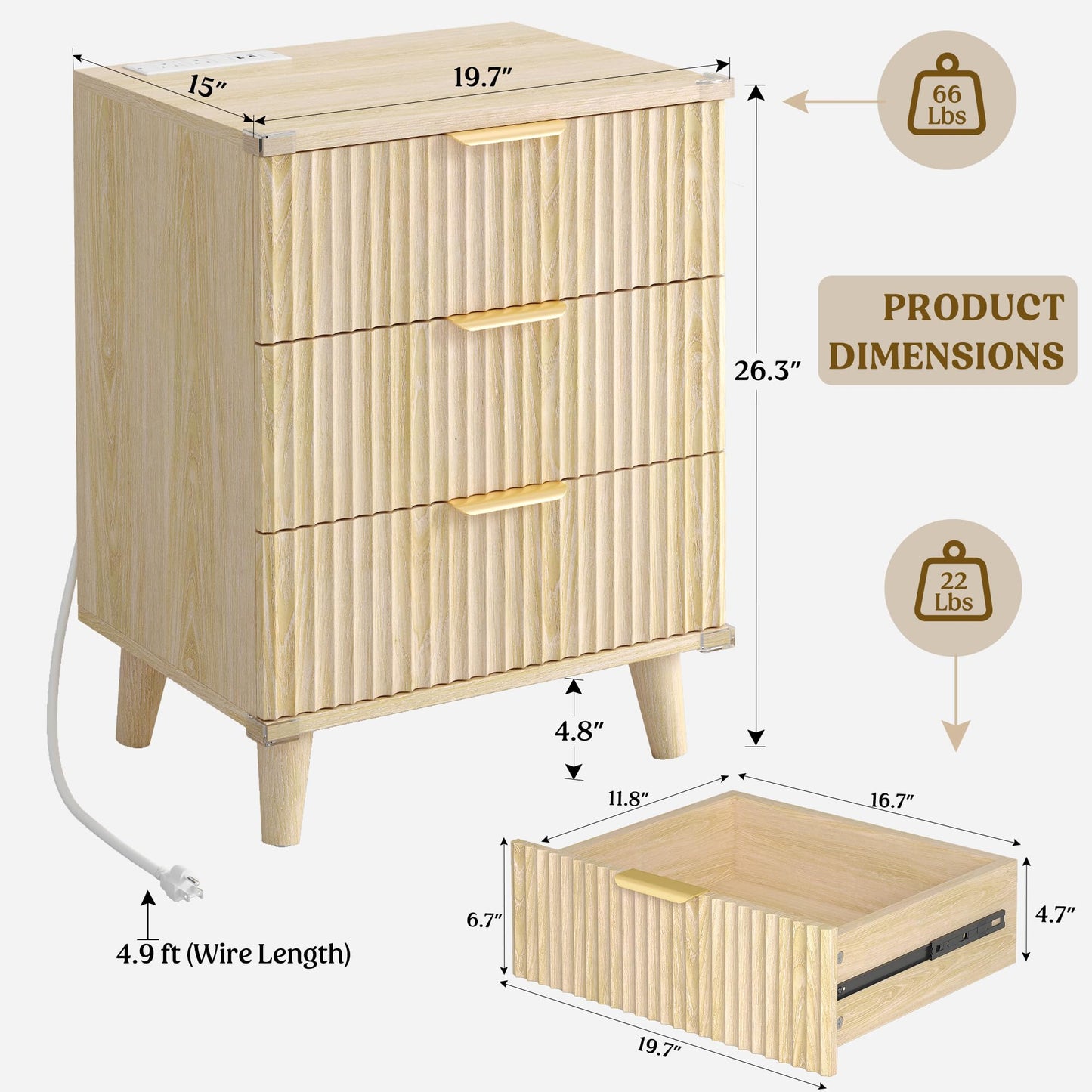 Lulive Modern Dresser and Nightstand Sets 3-Piece, 5-Drawer Dresser + 2 Nightstands Bedroom Sets with Solid Wood Legs (Natural Oak)