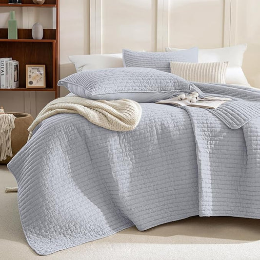 Sanracie Stonewashed Cotton Coverlet King Size(110"x98"), Cornflower Blue Cross Stitch Pattern Quilt Bedding Set 3Pcs Extra Soft Breathable Crinkle Quilted Bedspread Set for All Season
