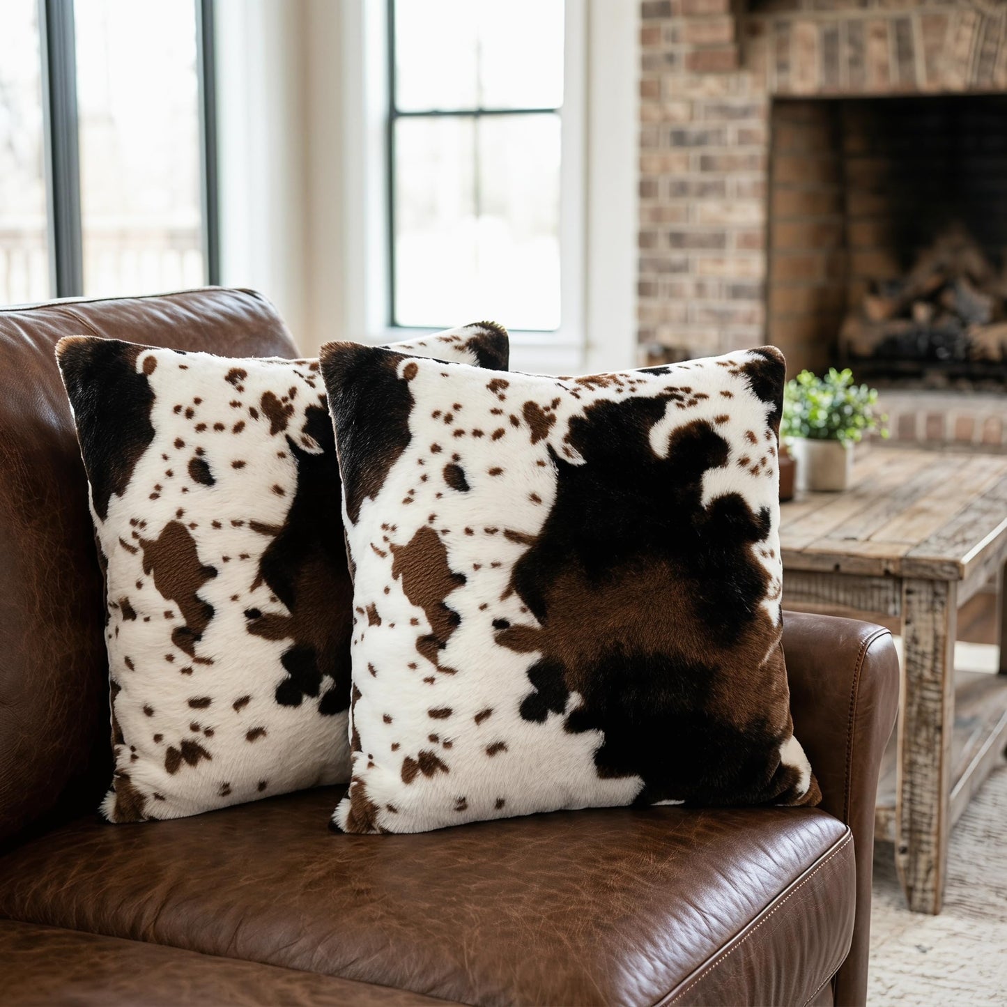 TOMWISH Cowhide Animal Black White and Brown Faux Fur Throw Pillow Covers 18x18 Set of 2 for Chair Bedroom Living Room Sofa Couch Bed Outdoor Double Sided Printing Furry Soft Cozy Pillow Covers