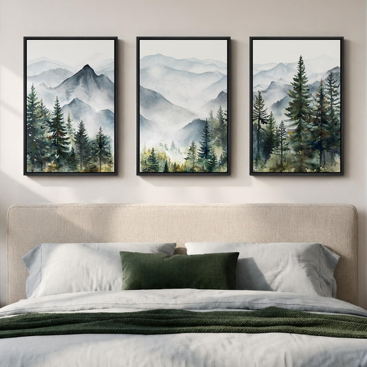 Framed Mountain Landscape Wall Art Bedroom, 3 Piece Nature Foggy Forest Canvas Print Artwork for Walls, Scenic Pine Tree Paintings Pictures Wall Art Decor for Living Room Hallway, 16x24 Inch