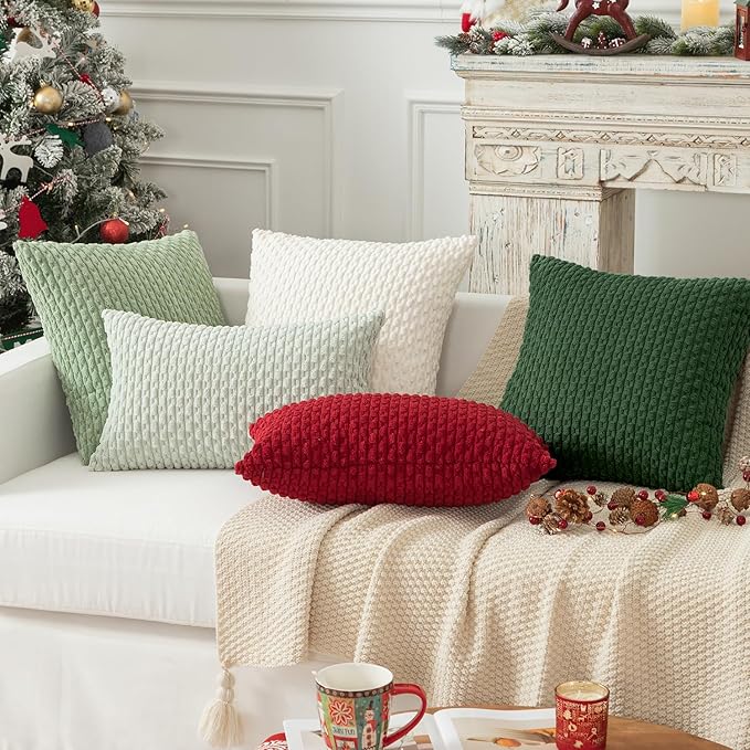 Kevin Textile Christmas Corduroy Decorative Throw Pillow Covers 24x24 Inch Pack of 2 Soft Boho Striped Pillow Covers Modern Farmhouse Home Decor for Spring Sofa Living Room Couch Bed Dark Green