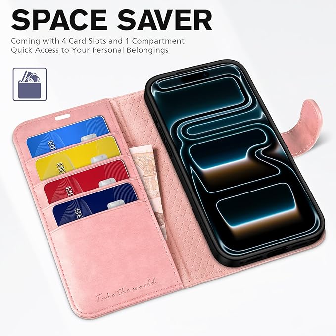 TUCCH Case Wallet for iPhone 17 Pro (6.3") 2025, Stand | RFID Blocking | 4 Card Holder | PU Leather | Magnetic Closure Folio Protective Cover | TPU Shockproof Inner Shell | Rose Gold