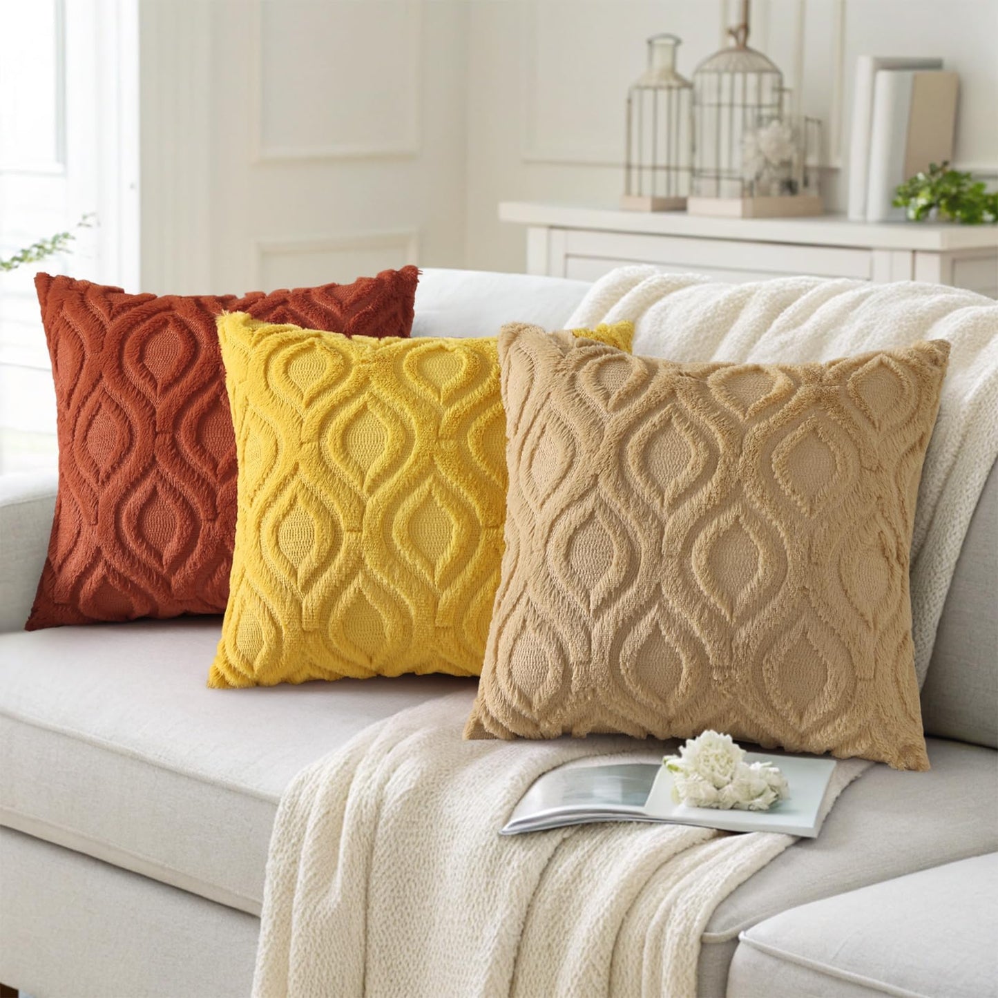 decorUhome Throw Pillow Covers 20x20 Inch Set of 2, Soft Plush Faux Wool Light Brown Khaki Solid Couch Pillow Covers, Accent Farmhouse Neutral Square Pillow Cases for Sofa Bed Living Room
