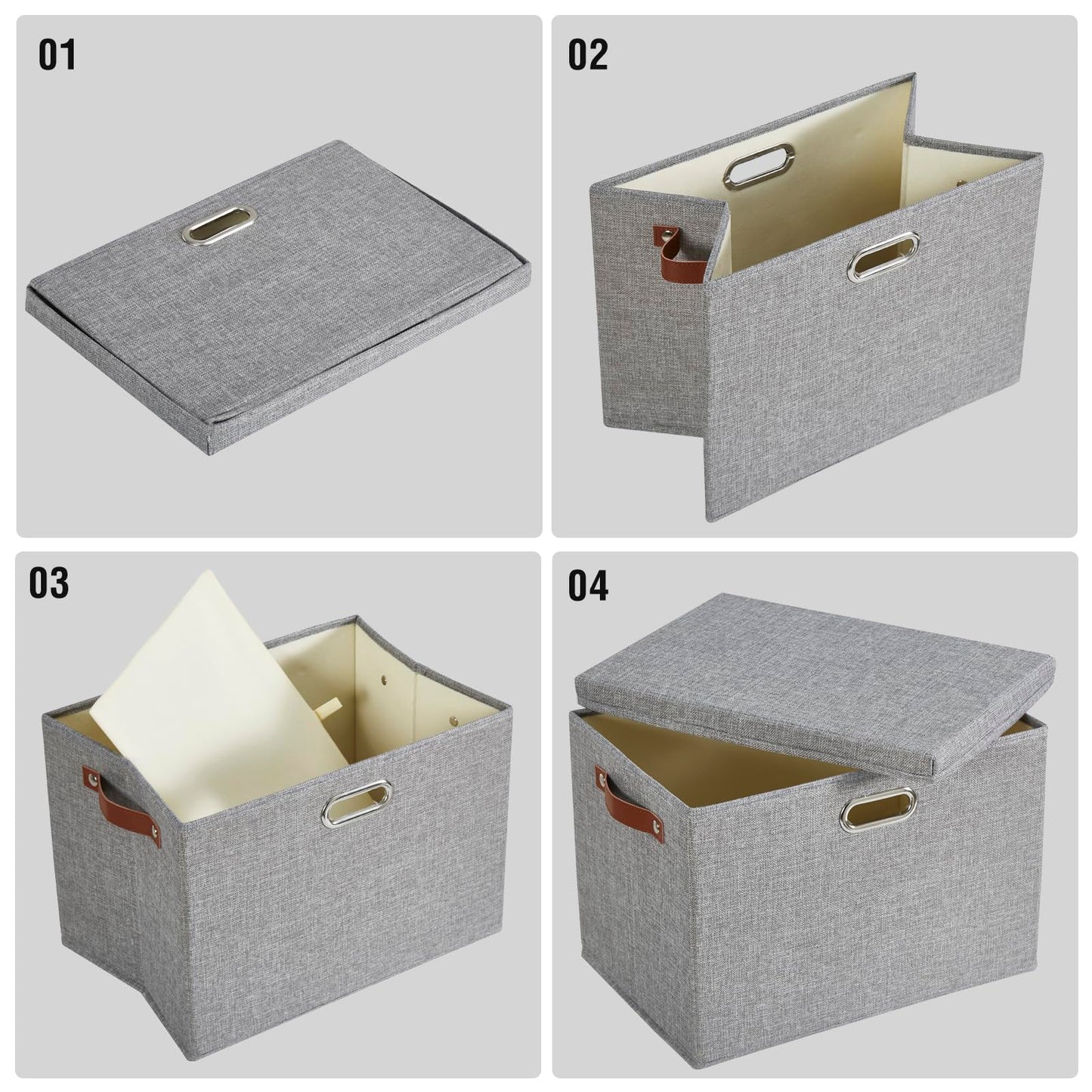Roobyl 17" Large Collapsible Storage Bins with Lids, Stackable Closet Organizers with PU Handle and Labels, 3-Pack Decorative Fabric Storage Boxes for Home, Bedroom, Closet, Office, Nursery(Gray)