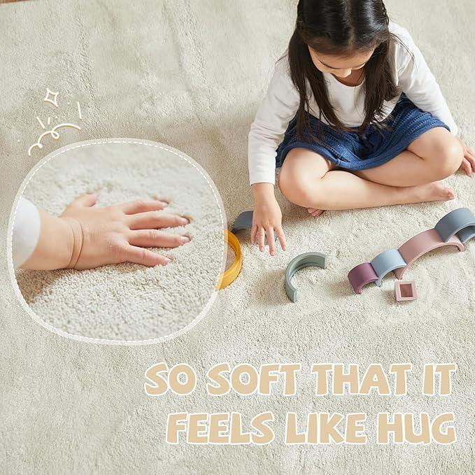 jinchan Solid Plush Runner Rug 2x6 Performance Shaggy Washable Hallway Rug Soft Modern Faux Wool Cozy Non Slip Carpet for Bedroom Laundry Room Living Room Kids Nursery Ivory