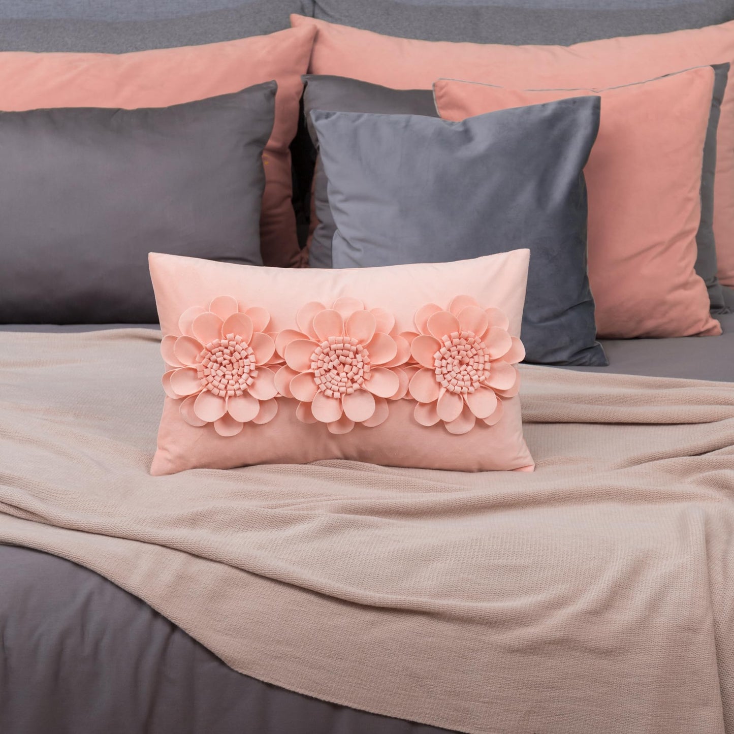 JWH 3D Flower Throw Pillow Cover Decorative Sunflower Accent Pillow Case Velvet Cushion Lumbar Pillowcase for Home Bed Sofa Couch Chair 12x20 Inches Peach Pink