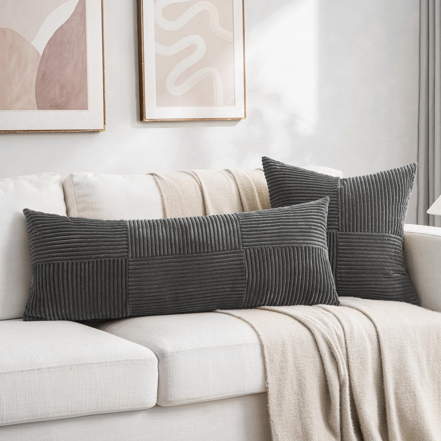 Fancy Homi 2 Packs Dark Gray Decorative Throw Pillow Covers 20x20 Inch for Living Room Couch Bed Sofa, Farmhouse Boho Home Decor, Soft Corss Corduroy Patchwork Accent Square Cushion Case 50x50 cm