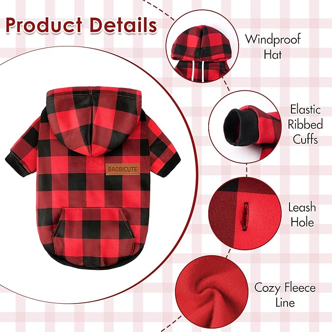 BAOBICUTE Dog Basic Hoodie Soft Dog Clothes Cold Weather Sweaters for Medium Large Dogs Cozy Fabric Warm Sweatshirt with Leash Hole (Red Plaid, M (Back: 16.54",Chest: 22.05", Neck: 16.54"))