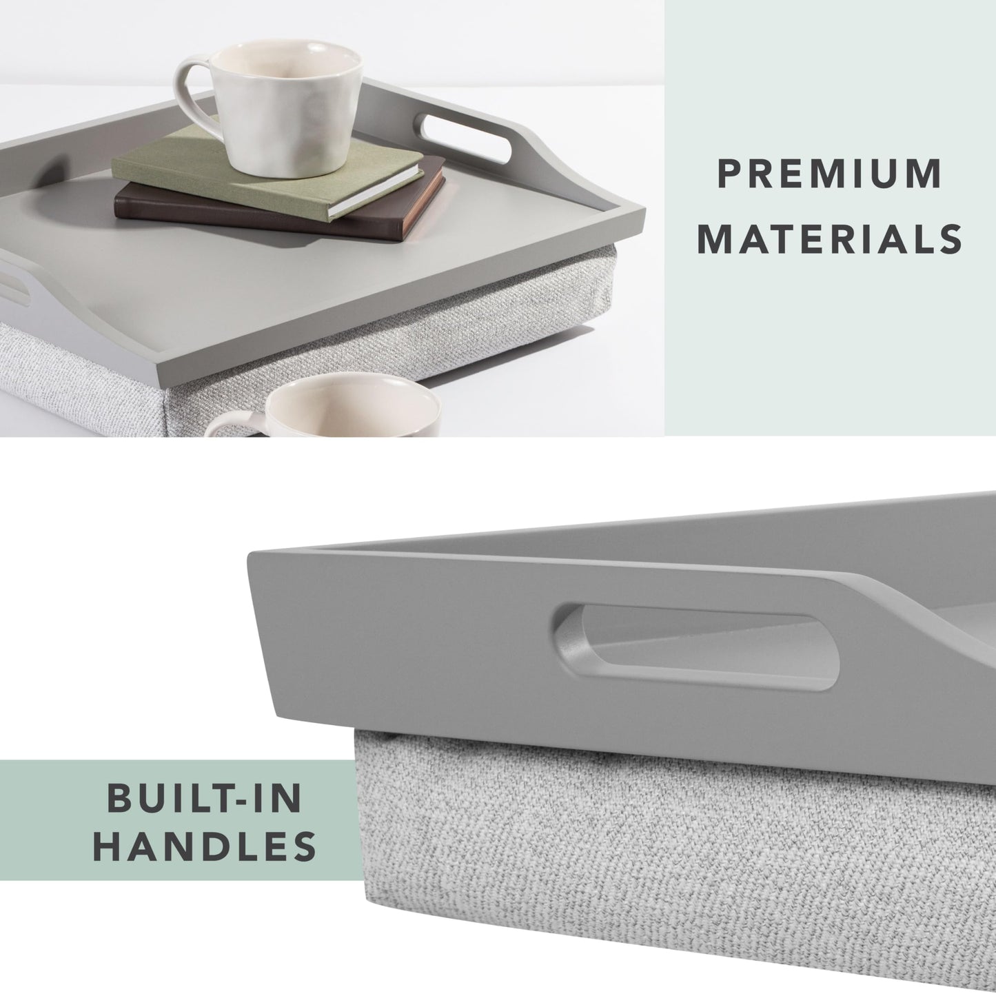 ROSSIE HOME Wood Bed Tray Lap Desk with Detachable Cushion, Serving Tray - Calming Gray - Fits up to 15.6 Inch Laptops - Style No. 76105