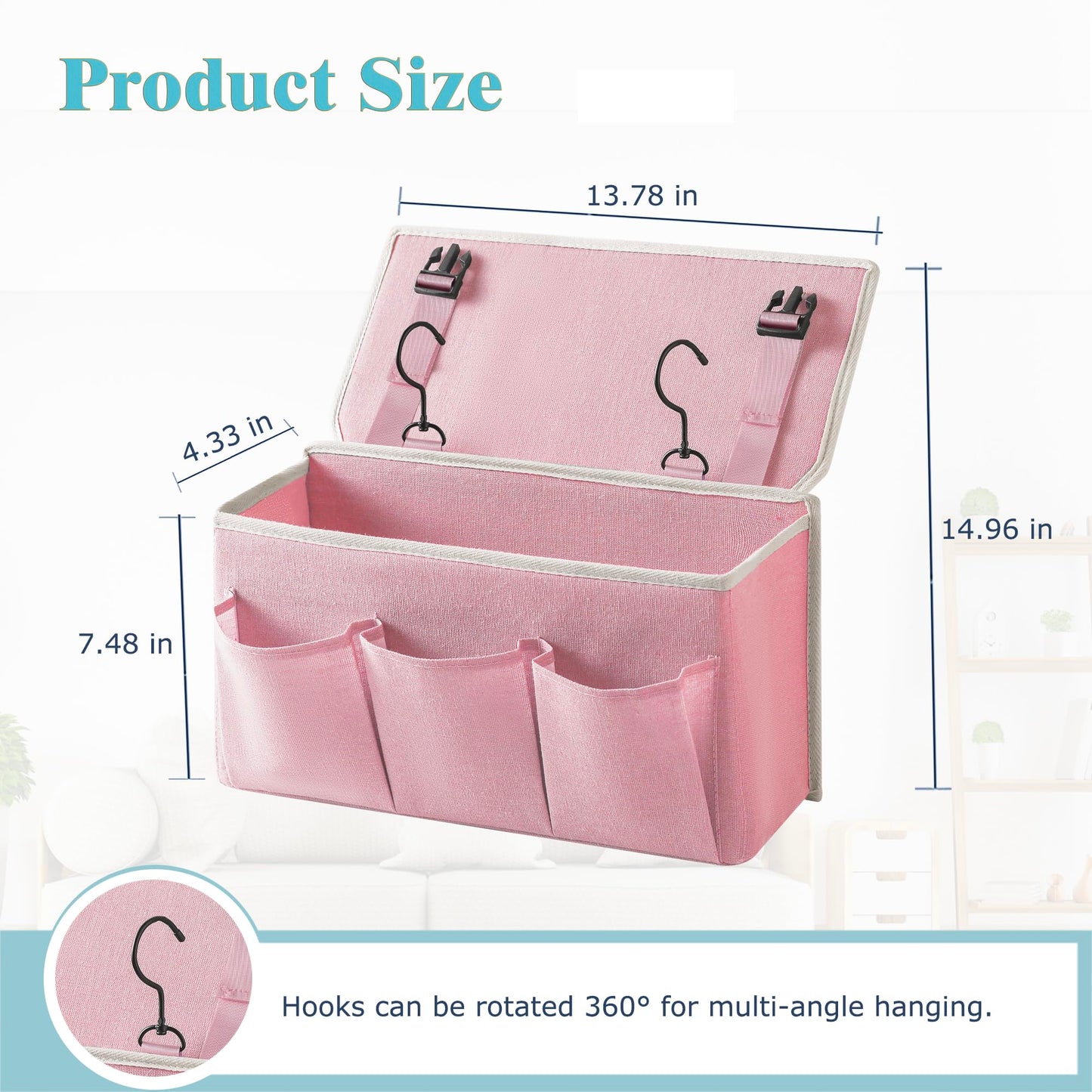 Bedside Caddy/Bedside Storage Organizer Hanging Bag with Three Options,Suitable for home beds, sofas, and dormitory beds—can hold magazines, books, phones, iPads, remote controls. (Pink)