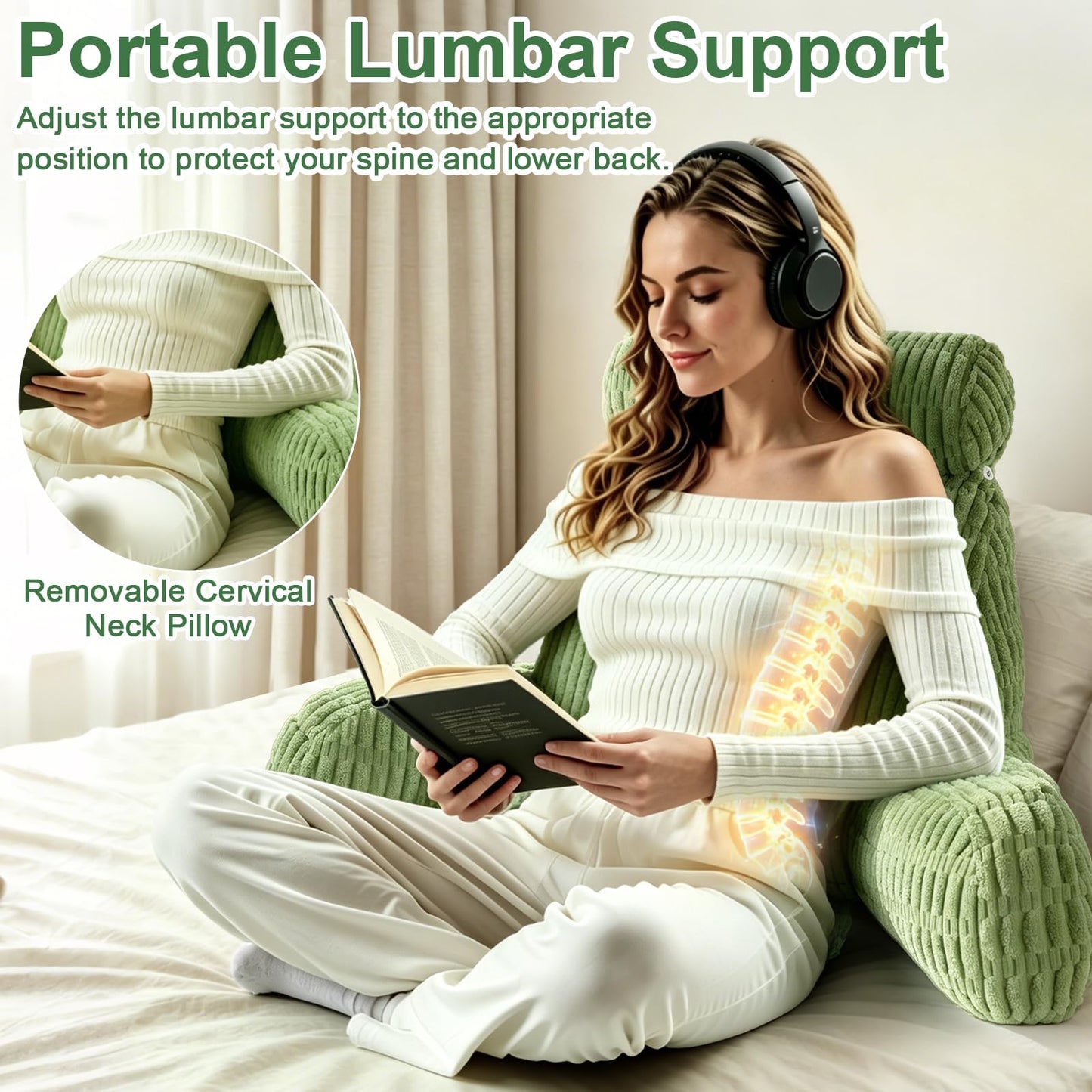 Reading Pillow for Bed, Back Rest Bed Pillow for Sitting Up with A Cylindrical Pillow and Lumbar Pillow, Back Support Pillows for Bed Sitting Up, Upright Husband Pillows for Adults & Children(18 Inch)