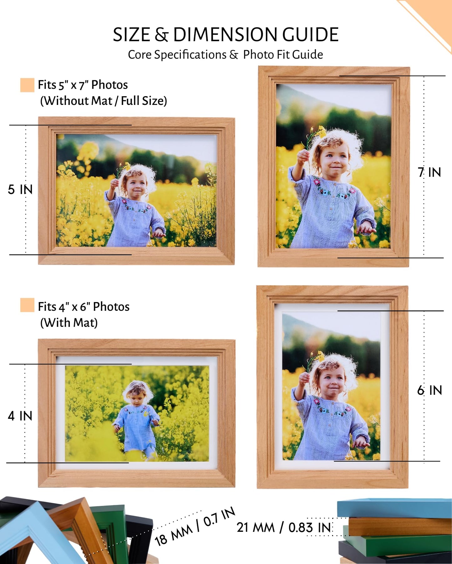 Exper City 5x7 Wooden Picture Frame, Displays 5x7 Without Mat or 4x6 With Mat, Solid Wood Colorful Photo Frame for Wall Tabletop, Real Glass, Rustic Stepped Edge, 2 Pack, Wood