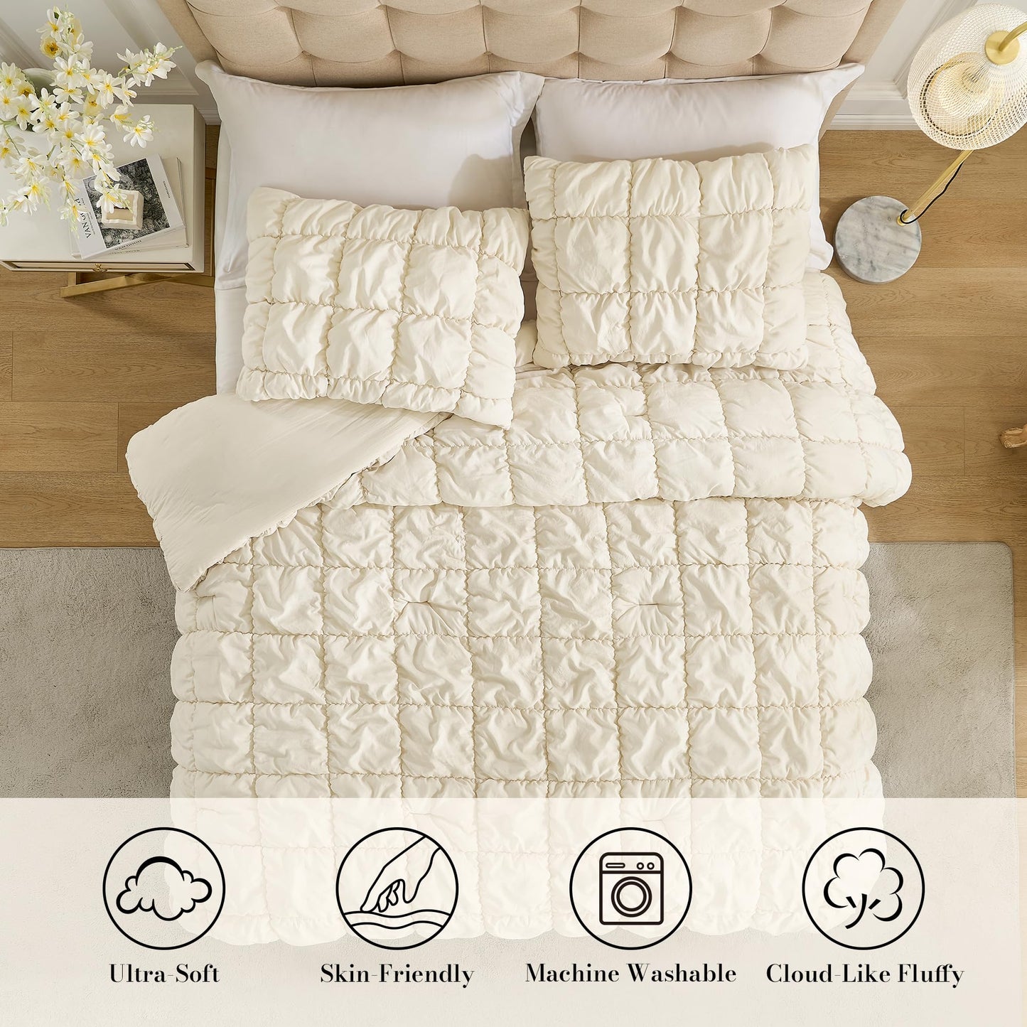 Amélie Home Luxury Queen Comforter Set, Bubble Textured Microfiber Bedding, Oeko-TEX Certified, All-Season Farmhouse Comforter with 2 Pillowcases, Beige
