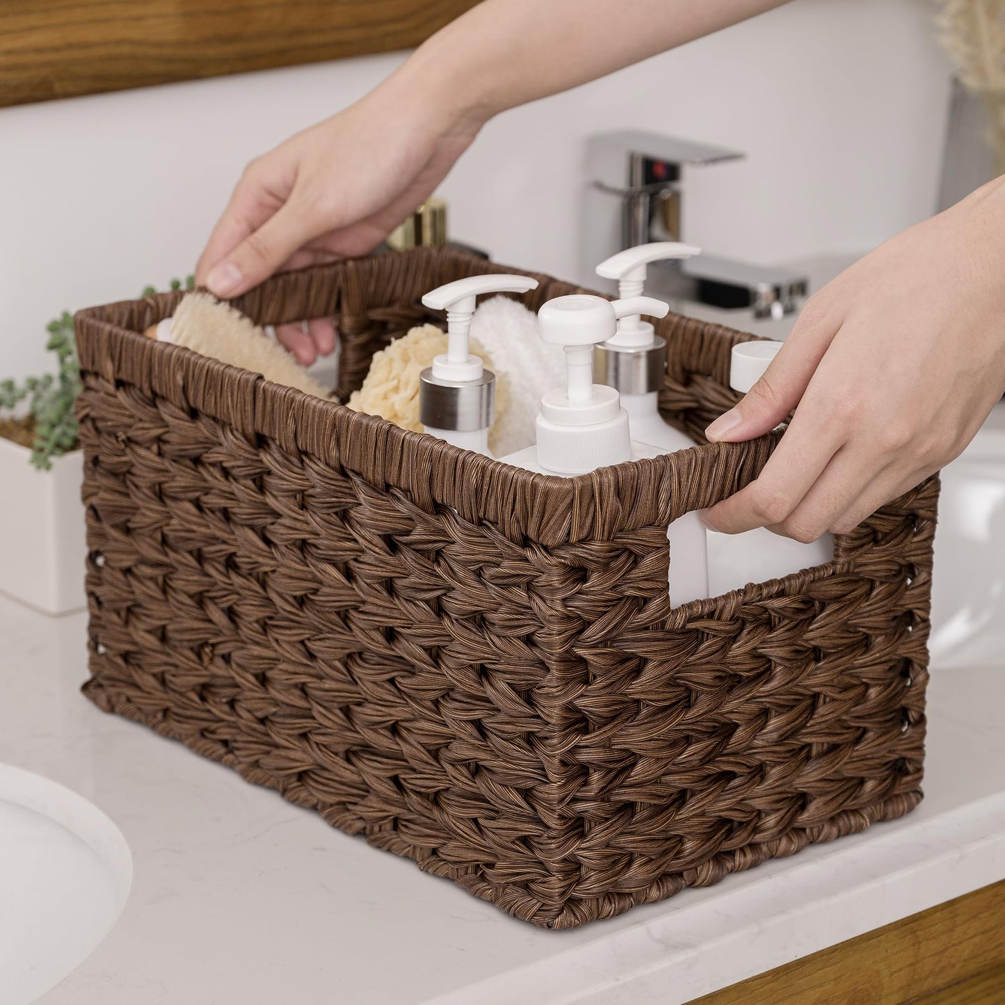GRANNY SAYS Wicker Storage Baskets for Shelves, Wicker Baskets for Organizing, Waterproof Woven Basket for Pantry, Rectangle Basket for Shelf, Brown, 2-Pack