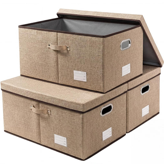 PRANDOM Storage Bins with Lids [3-Pack] Jute Fabric Foldable Storage Boxes Organizer Containers Baskets Cube with Cover for Home Bedroom Closet Office Nursery khaki（23.4X15.9X11.5
