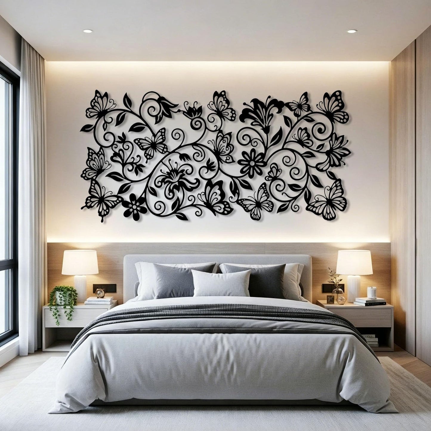 Cobomv Butterfly Floral Metal Wall Art, Butterfly with Flowers Metal Wall Decor, Boho Wall Art, Butterflies Decoration, Nature Home Decor for Living Room, Outdoor, Garden (Silver, 19"x9"/47x23cm)