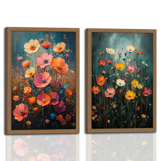 CVXHKH 2Pcs Wood Framed color Wildflower Canvas Wall Art Vintage Moody Botanical Wall Decor Painting Cottagecore Floral Plant Artwork for Living Room Bedroom Office 12x16in