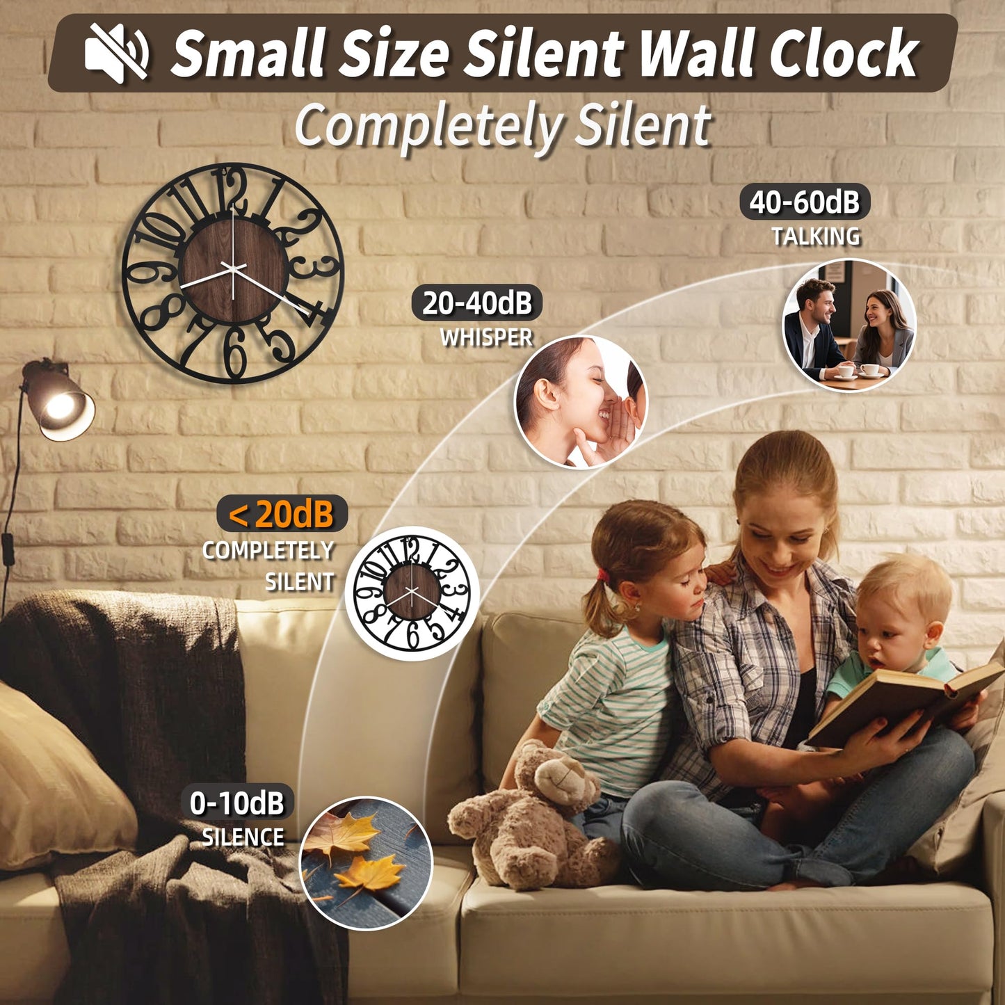 Maxstar Wall Clock Battery Operated,Silent Non-Ticking Modern Rustic Metal Round Clocks Small for Living Room/Bedroom/Office/Kitchen/Farmhouse Home Decor-14 Inch(Brown-Wood)