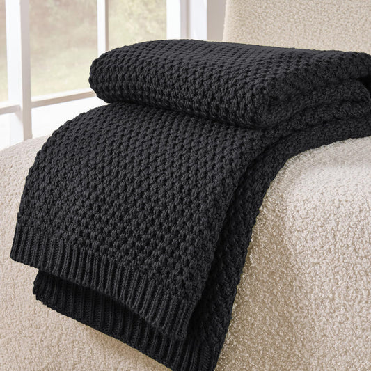 OnesCosy Charcoal Grey Throw Blanket, Dark Grey Knit Throw Blanket for Couch, Soft Cozy Warm Lightweight Decorative Reversible Moss Stitch Cable Knitted Blankets for Bed, 60x80 Inches, Charcoal Grey