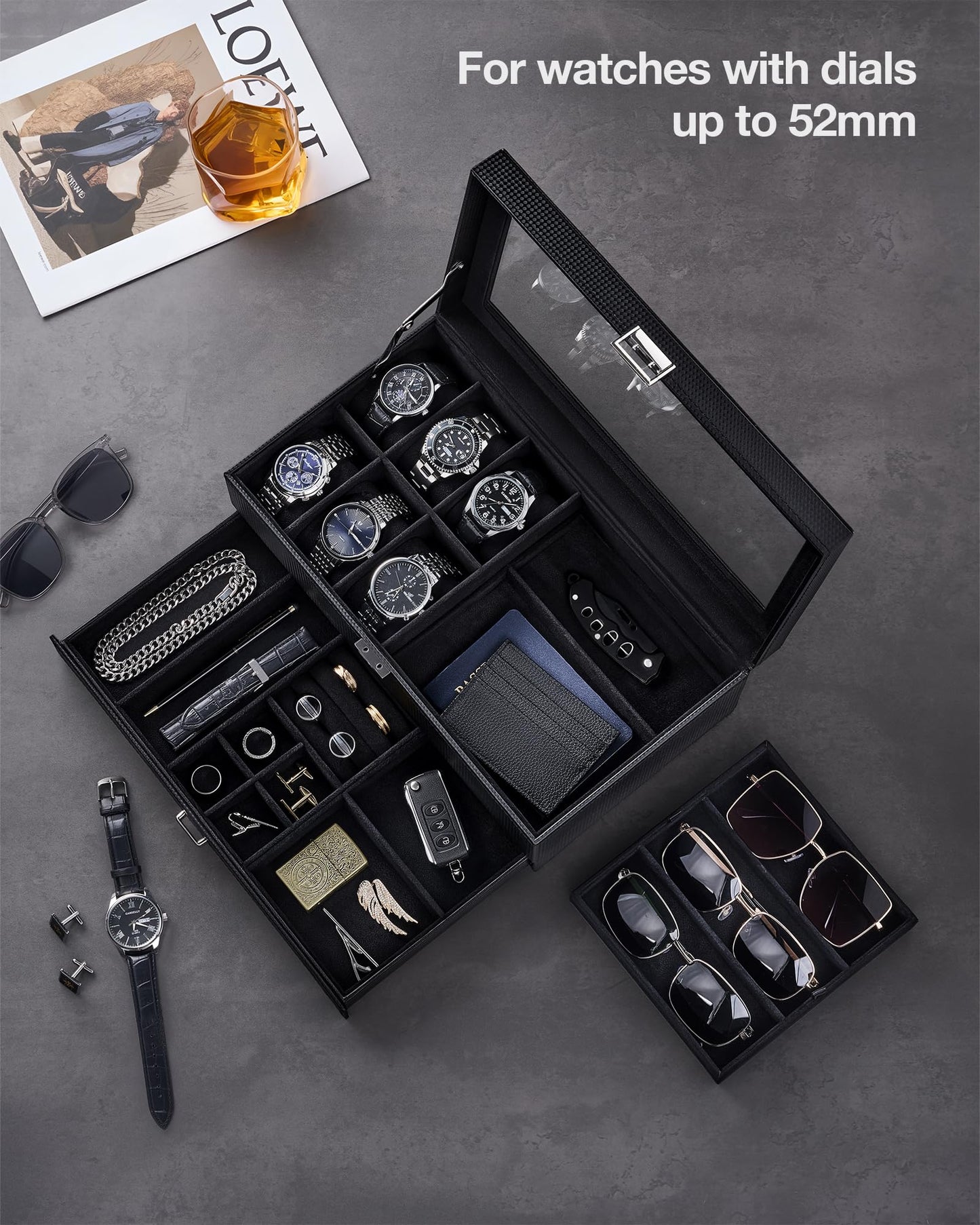 ProCase Mens Jewelry Box, Lockable 6 Slot Watch Case & 3 Slot Sunglasses Organizer, 2-layer Mens Jewelry Organizer Watch Box for Men, Watches Holder Display Storage, Fathers Day Gift -AllBlack